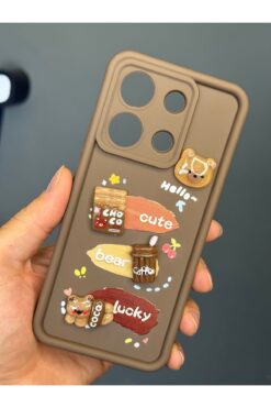 Fibaks Redmi Note 13 Pro 5G Kılıf Tasarımlı Desenli Kamera Korumalı Ayıcık Kahve Renkli Yumuşak Silikon Kap