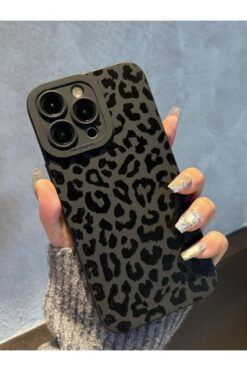 KVK PRİVACY İphone 15 Pro Max Uyumlu Kılıf Mat Siyah Leopar Desenli Yumuşak Kamera Korumalı Kapak