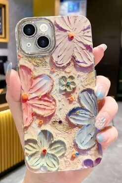 Fibaks İphone 16 Kılıf Renk Değiştiren Taşlı Kamera Lens Korumalı Pembe Çiçek Desenli Darbe Emici Kapak