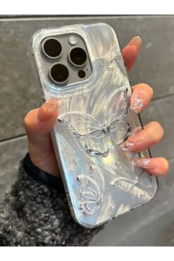 KVK PRİVACY Apple iPhone 16 Pro Uyumlu Tüylü Kelebek Hologramlı Kılıf Darbeye Karşı Dayanıklı Kapak
