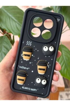 Fibaks Xiaomi Redmi Note 14 Pro Kılıf Kamera Korumalı Coffee Kurabiye Figürlü Siyah Yumuşak Silikon Kapak
