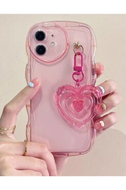 EDELFU İphone 11 Pembe Renk Şeffaf Yanları Darbeye Dayanıklı Ve Sevimli Kalp Aparatlı Silikon Kılıf