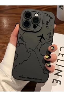 KVK PRİVACY İphone 16 Pro Uyumlu Kılıf Mat Siyah Harita Desenli Yumuşak Kamera Korumalı Kapak