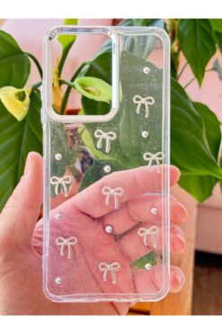 Fibaks Xiaomi Redmi Note 14 4G Kılıf Fiyonk Desenli Şeffaf Simli Gümüş Kamera Çıkıntılı Parlak Kapak