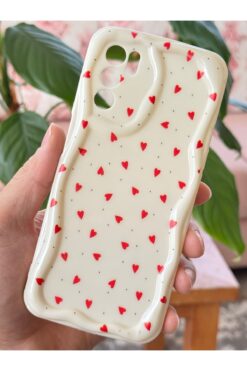 Fibaks A16 Kılıf Kamera Korumalı Dalga Kenarlı Kırmızı Kalp Desenli Silikon Kapak