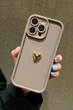 KVK PRİVACY Iphone 13 Pro Max Uyumlu Kılıf 3D Gold Kalp Darbelere Dayanıklı Yumuşak Kamera Korumalı Kapak Kahve