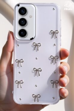 Fibaks Galaxy S25 Plus Uyumlu Kılıf Fiyonk Desenli Şeffaf Simli Gümüş Kamera Çıkıntılı Parlak Kapak