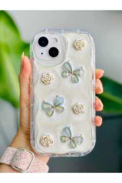 Go Aksesuar Iphone 13 Ve 14 Uyumlu 3d Oyuncaklı Sedef Kelebek Tasarımlı Esnek Silikon Kılıfı