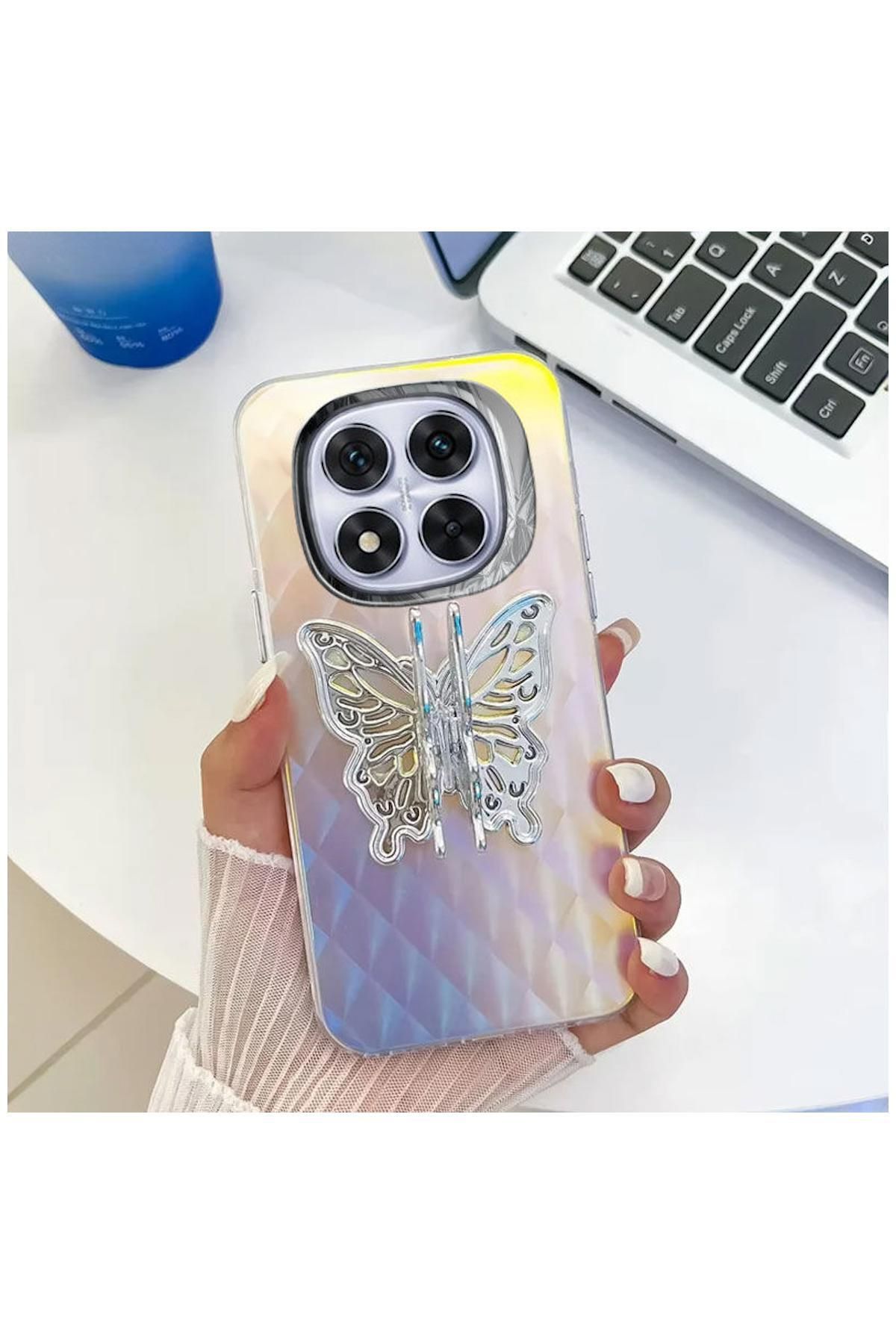 Pro Aksesuar Xiaomi Redmi Note 14 Pro 5g Uyumlu Kılıf Stand Özellikli Kelebekli Silikon Kılıf Desen 2