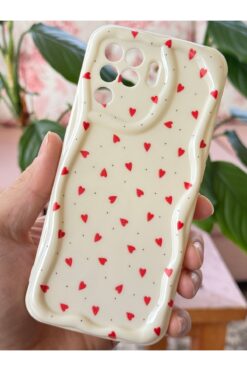 Fibaks Reno 5 Lite Kılıf Kamera Korumalı Dalga Kenarlı Kırmızı Kalp Desenli Silikon Kapak