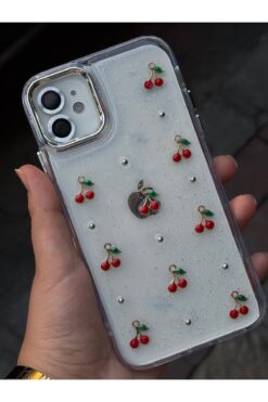 Caseji Iphone 11 Uyumlu Minik Kiraz İşlemeli Simli Parlak Detaylı Epoksili Kılıf