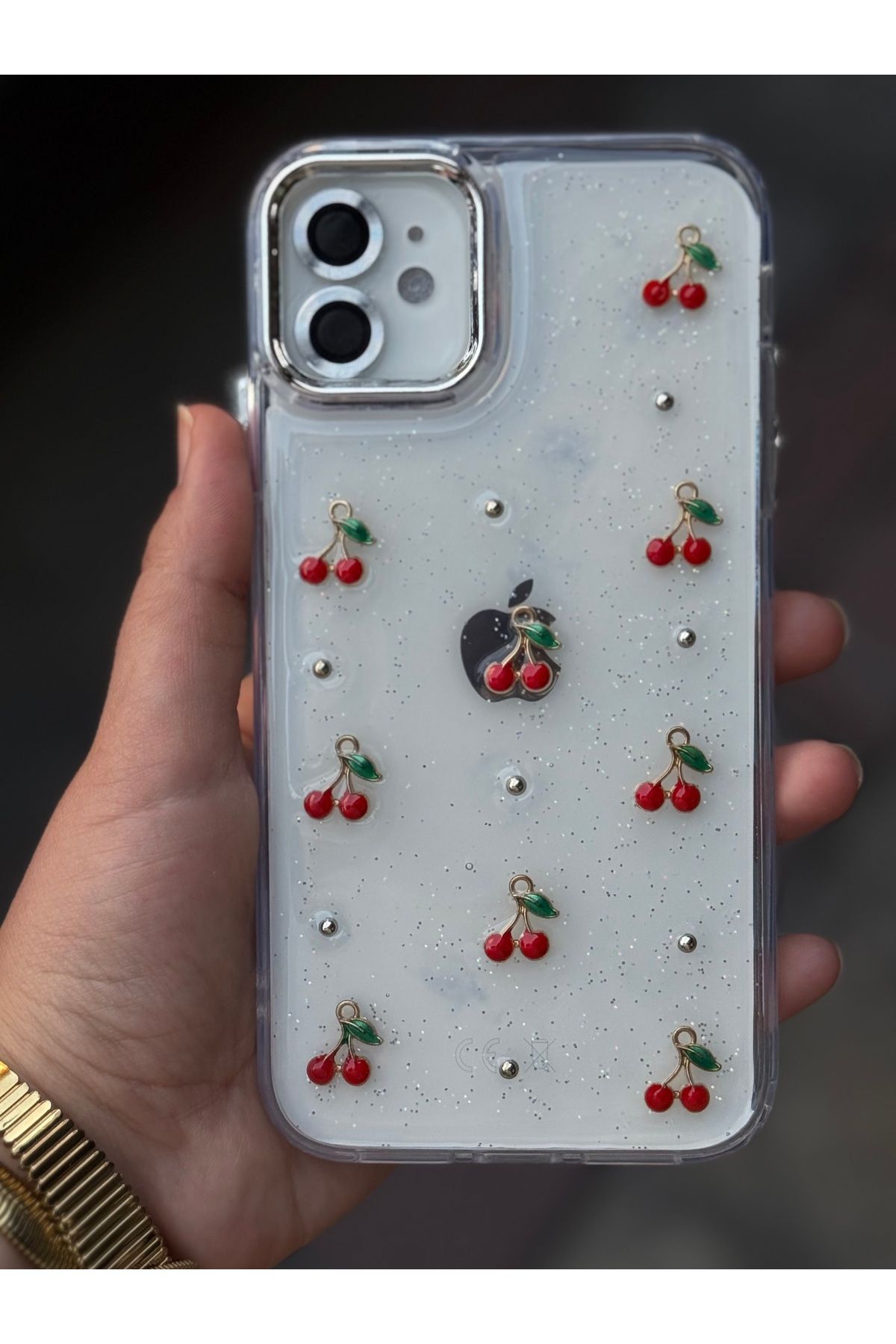 Caseji Iphone 11 Uyumlu Minik Kiraz İşlemeli Simli Parlak Detaylı Epoksili Kılıf - Görsel 4
