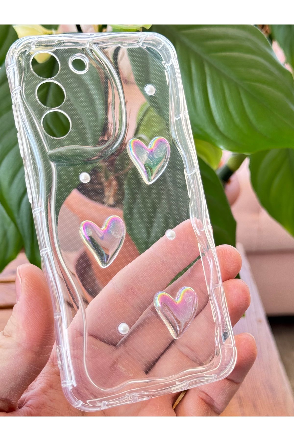 Fibaks Samsung Galaxy S20 FE Kılıf 3D Kalpli İnci Tasarımlı Desenli Kamera Korumalı Şeffaf Silikon Kapak - Görsel 2