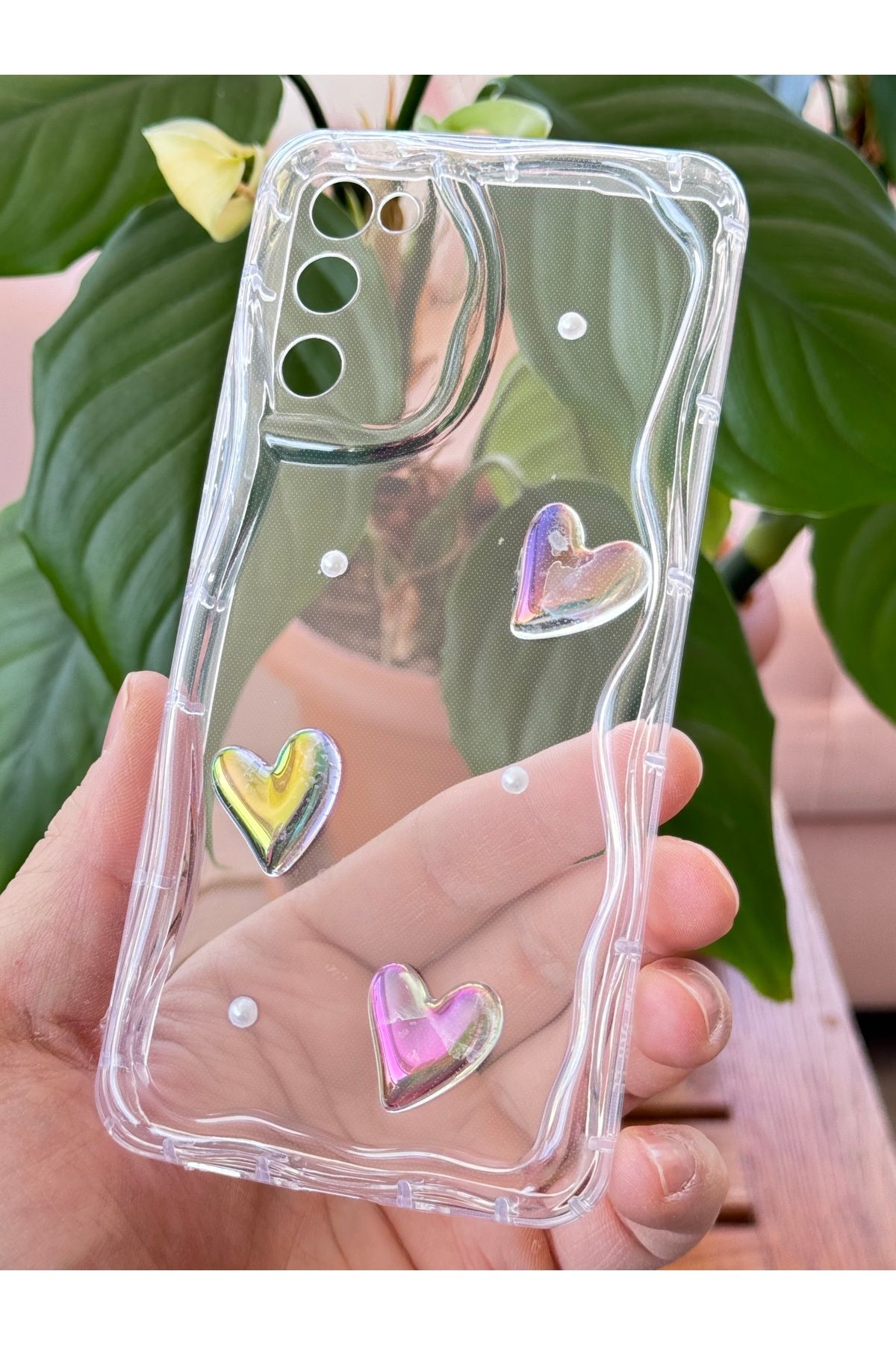 Fibaks Samsung Galaxy S20 FE Kılıf 3D Kalpli İnci Tasarımlı Desenli Kamera Korumalı Şeffaf Silikon Kapak - Görsel 3