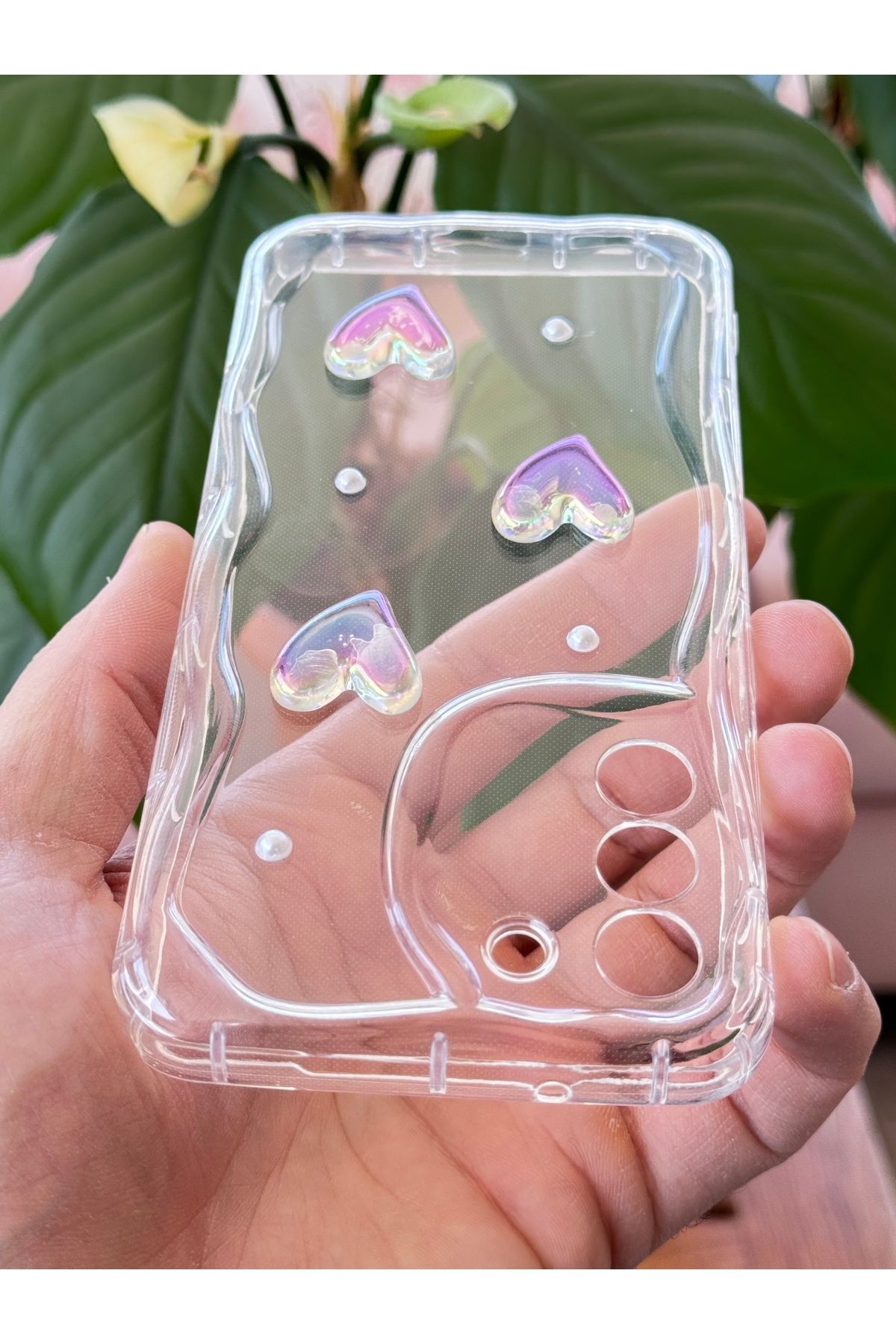 Fibaks Samsung Galaxy S20 FE Kılıf 3D Kalpli İnci Tasarımlı Desenli Kamera Korumalı Şeffaf Silikon Kapak - Görsel 4