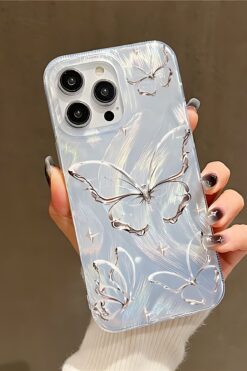 Fibaks Apple iPhone 14 Pro Kılıf Parlak Hologramlı Kelebek Desenli Darbe Emici Kamera Korumalı Silikon