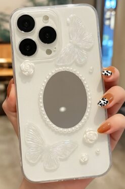Fibaks Apple iPhone 11 Pro Max Kılıf 3D Kelebek Gül Desenli Aynalı Simli Şeffaf Tasarımlı Silikon Kapak
