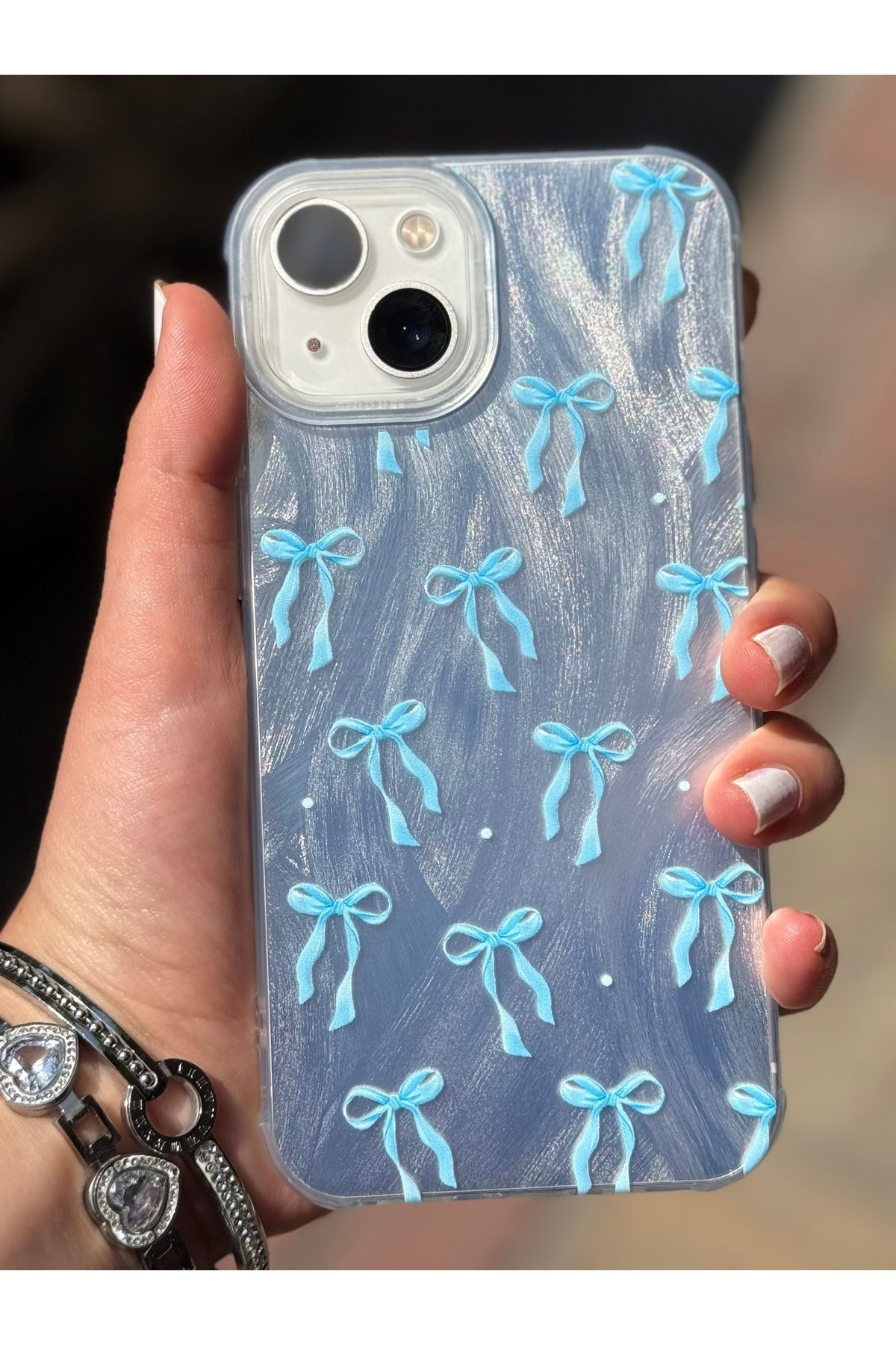 Caseji İphone 13 / 14 Uyumlu Hologramlı Fİyonk Desenli Köşeleri Darbe Emicili Kılıf