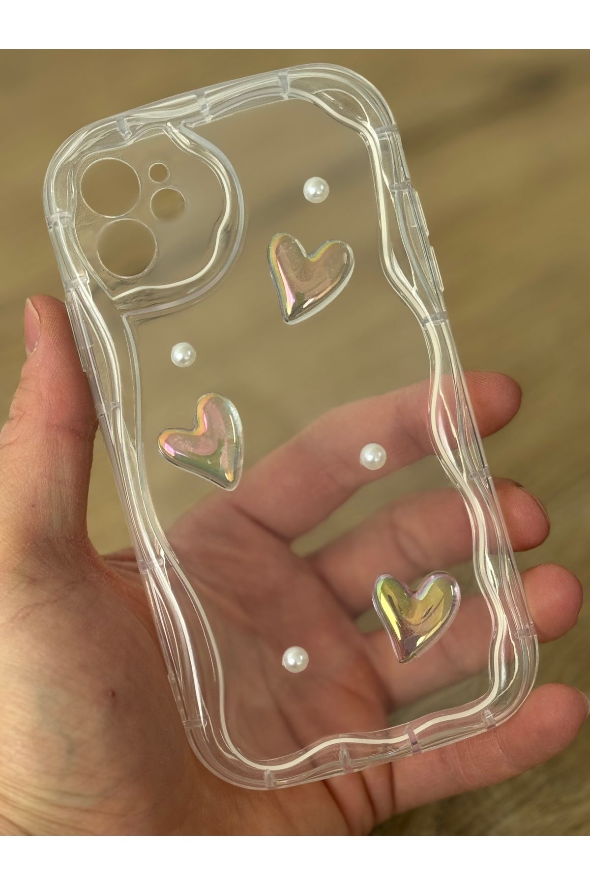 Fibaks İphone 12 Kılıf Tasarımlı Desenli Kamera Korumalı 3d Kalpli Ve Inci Tasarımlı Şeffaf Silikon Kapak - Görsel 3