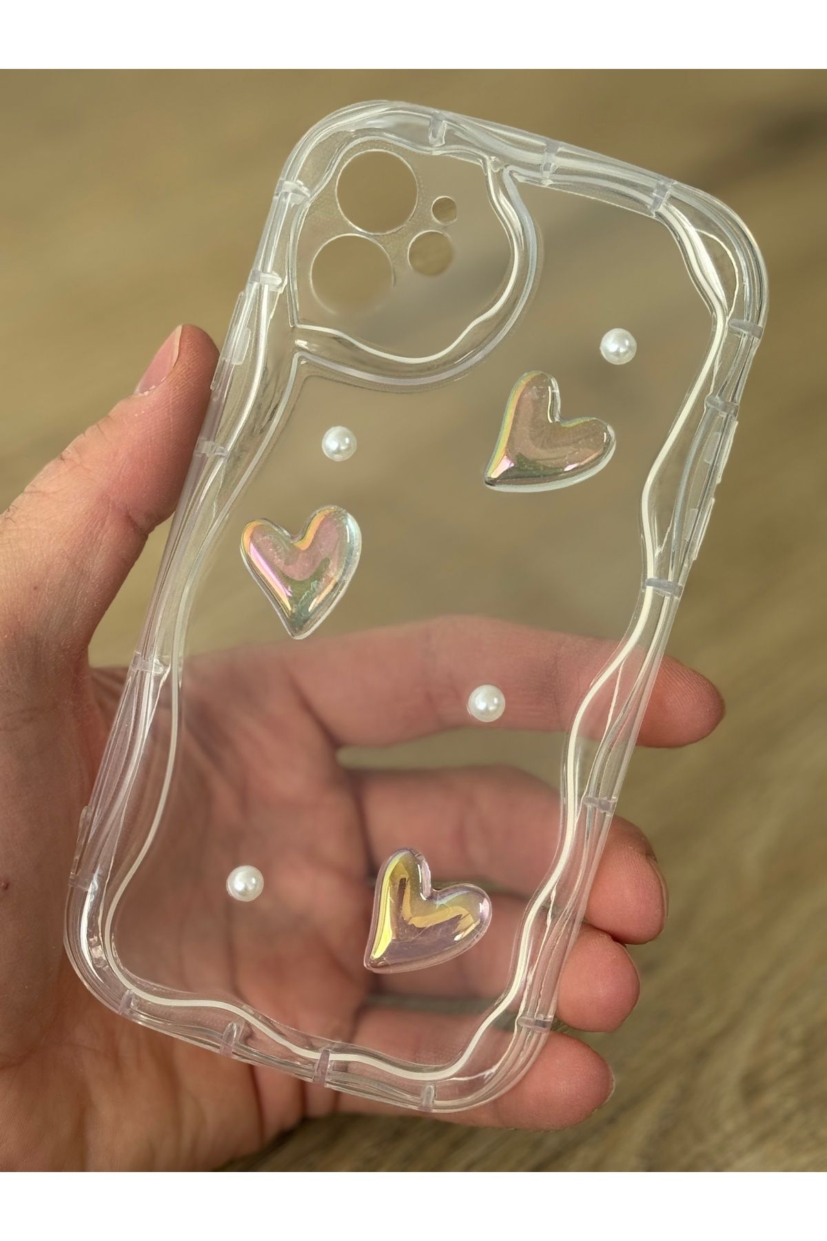 Fibaks İphone 12 Kılıf Tasarımlı Desenli Kamera Korumalı 3d Kalpli Ve Inci Tasarımlı Şeffaf Silikon Kapak - Görsel 4