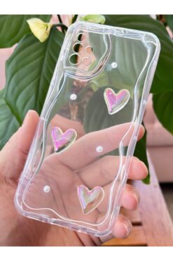 Fibaks Samsung Galaxy A51 Kılıf 3D Kalpli İnci Tasarımlı Desenli Kamera Korumalı Şeffaf Silikon Kapak