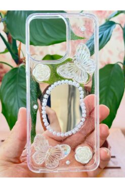 Fibaks Xiaomi Redmi Note 12 4G Kılıf 3D Kelebek Gül Desenli Aynalı Simli Şeffaf Tasarımlı Silikon Kapak