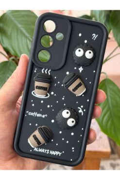 Fibaks Samsung Galaxy A56 Uyumlu Kamera Korumalı Coffee Kurabiye Figürlü Siyah Yumuşak Silikon Kapak