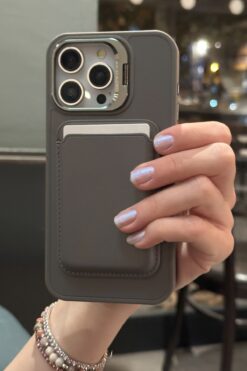 Paladyum Case iPhone 16 Pro Max Uyumlu Premium Titanyum Gri Deri Magsafe Cüzdanlı Kartlıklı Kamera Çerçeve Standlı