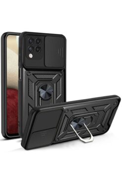 Fibaks Samsung Galaxy A12 - M12 Uyumlu Kılıf Kamera Korumalı Sürgülü Yüzüklü Armor Military Tank
