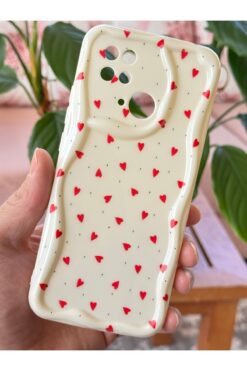 Fibaks Xiaomi Redmi 10C/Poco C40 Kılıf Kamera Korumalı Dalga Kenarlı Kırmızı Kalp Desenli Silikon Kapak
