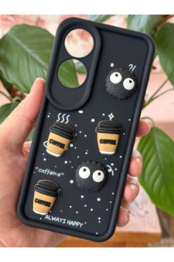Fibaks Oppo A60 Uyumlu Kamera Korumalı Coffee Kurabiye Figürlü Siyah Yumuşak Silikon Kapak