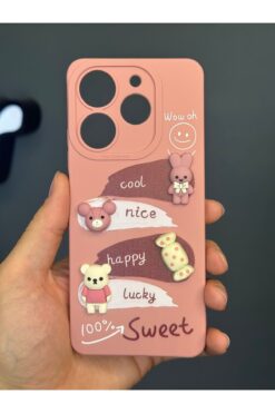 Fibaks Tecno Spark 20 Pro Uyumlu Kılıf Kamera Korumalı Tavşan Figürlü Pembe Yumuşak Silikon Kapak