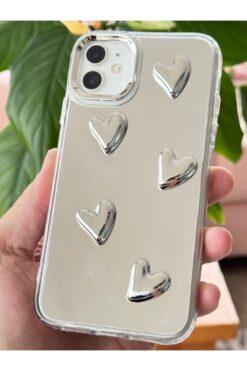 Fibaks iPhone 11 Uyumlu Kılıf Aynalı Gümüş 3D Kalp Desenli Darbe Emici Silikon Kapak