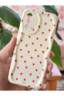 Fibaks A74 Kılıf Kamera Korumalı Dalga Kenarlı Kırmızı Kalp Desenli Silikon Kapak