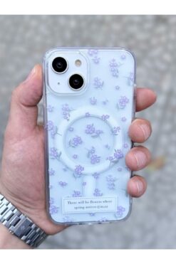 KVK PRİVACY Iphone 13-14 Kılıf Mor Çiçek Desenli Magsafe Şeffaf Kılıf Darbeye Dayanıklı Kapak