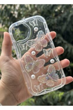 HYPERSOFT Iphone X Uyumlu Kelebek Desenli Inci Taşlı Kamera Koruma Çerçeveli Lux Simli Şeffaf Kılıf Kap