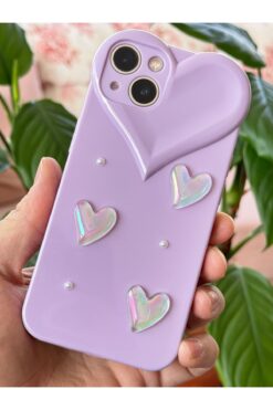 Fibaks Apple iPhone 13 Kılıf Kalpli İnci Desenli Kalp Kamera Tasarımlı Lila Kamera Korumalı Silikon Kapak