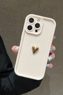 KVK PRİVACY Iphone 14 Pro Max Uyumlu Kılıf 3D Gold Kalp Darbelere Dayanıklı Yumuşak Kamera Korumalı Kapak Beyaz