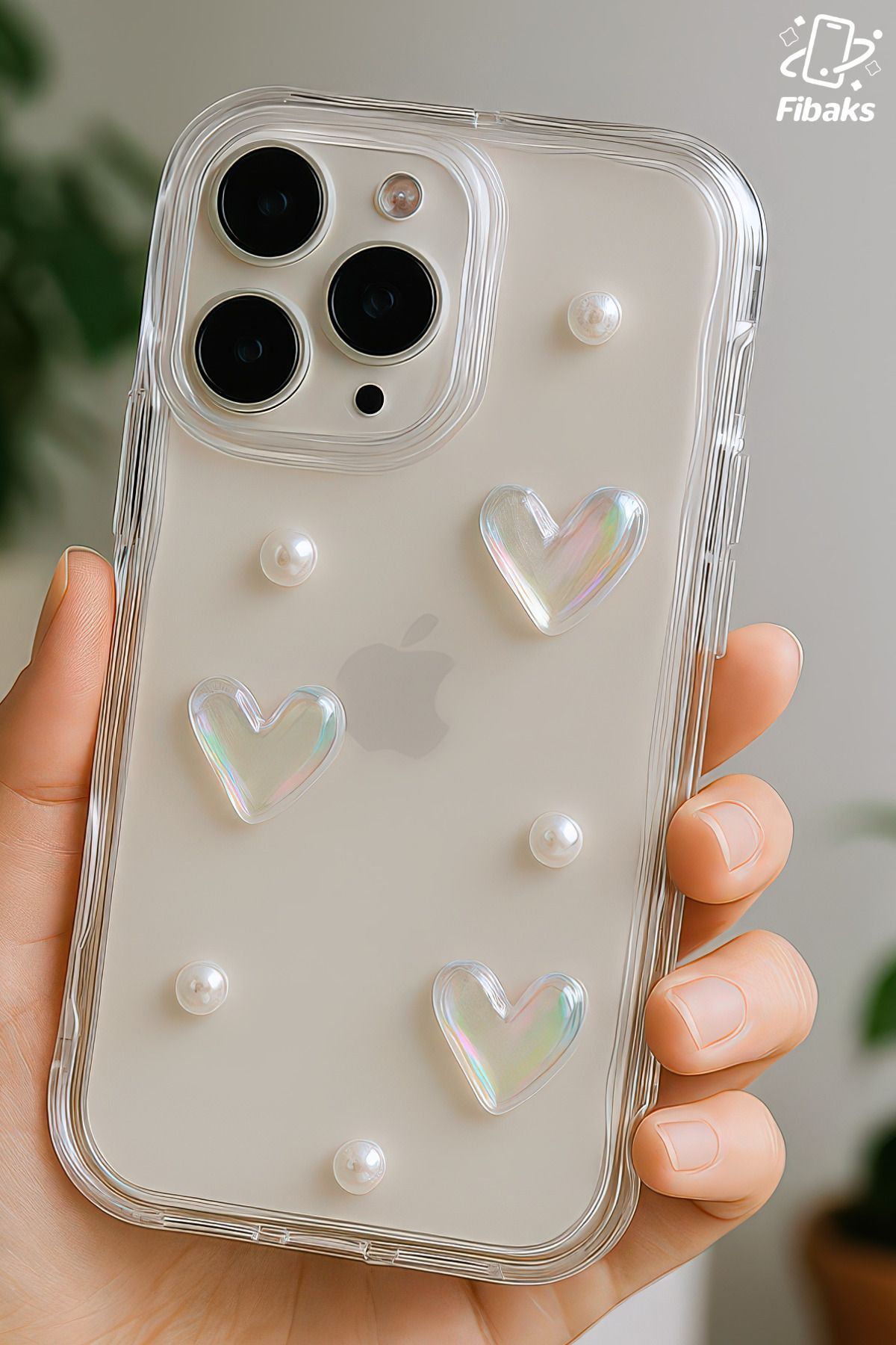 Fibaks Apple iPhone 16 Pro Max Kılıf 3D Kalpli İnci Tasarımlı Desenli Kamera Korumalı Şeffaf Silikon Kapak - Görsel 3