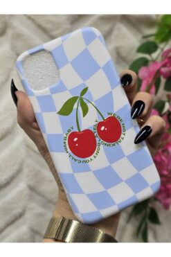 Magic Ring İphone 11 Telefon Kılıfı - Mavi Ekose Desenli, Kiraz Baskılı Soft Silikon Içi Kadife Lansman