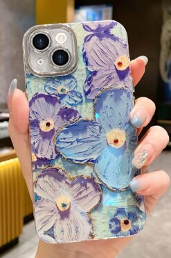 Fibaks İphone 11 Kılıf Renk Değiştiren Taşlı Kamera Lens Korumalı Mavi Çiçek Desenli Darbe Emici Kapak