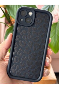 Fibaks Apple iPhone 13 Kılıf Yumuşak Siyah Leopar Desenli Yumuşak Kamera Korumalı Silikon Kapak