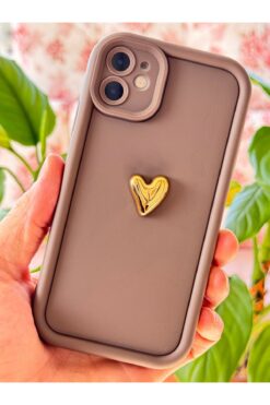 Fibaks Apple iPhone 11 Kılıf 3d Kalp Tasarımlı Kahverengi Desenli Yumuşak Kamera Korumalı Silikon Kapak