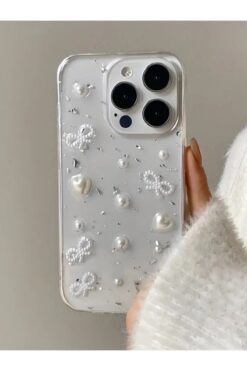 KVK PRİVACY iPhone 15 Pro Uyumlu İnci Kalpli Fiyonk Şeffaf Kılıf Simli Darbeye Karşı Dayanıklı Kapak