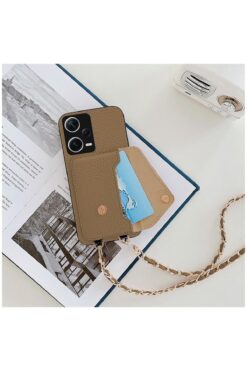 Pro Aksesuar Xiaomi Redmi Note 12 Pro 5G Uyumlu Kılıf Metal Boyun Askılı Cepli Deri Kılıf Açık Kahverengi