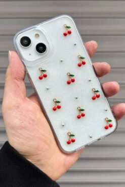 KVK PRİVACY İphone 15 Plus/14PlusUyumlu Epoksi Kiraz Desenli Şeffaf Kılıf Simli Darbeye Karşı Dayanıklı Kapak