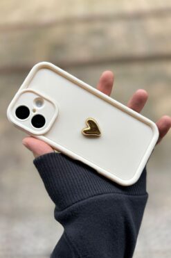 KVK PRİVACY Iphone 16 Uyumlu Kılıf 3D Gold Kalp Darbelere Dayanıklı Yumuşak Kamera Korumalı Kapak Beyaz