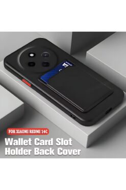 Fibaks Xiaomi Redmi 14C Uyumlu Kılıf Kamera Korumalı Kartlıklı Cüzdanlı Kırmızı Tuşlu Siyah Silikon Kapak