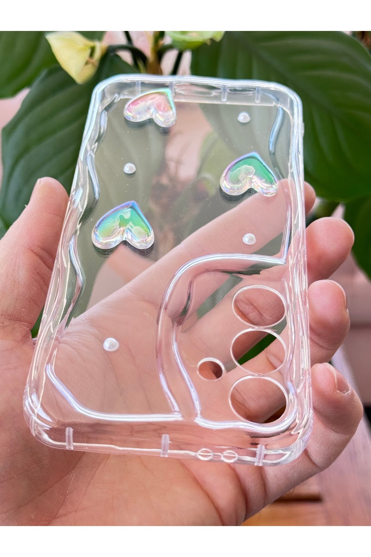 Fibaks Samsung Galaxy S24 Plus Kılıf 3D Kalpli İnci Tasarımlı Desenli Kamera Korumalı Şeffaf Silikon Kapak - Görsel 3