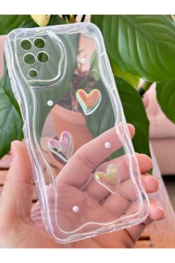 Fibaks Samsung Galaxy A12/M12 Kılıf 3D Kalpli İnci Tasarımlı Desenli Kamera Korumalı Şeffaf Silikon Kapak